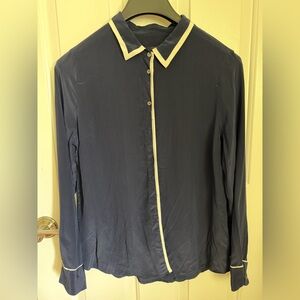 J. Crew Dark Blue Silk Shirt with Cream Accents